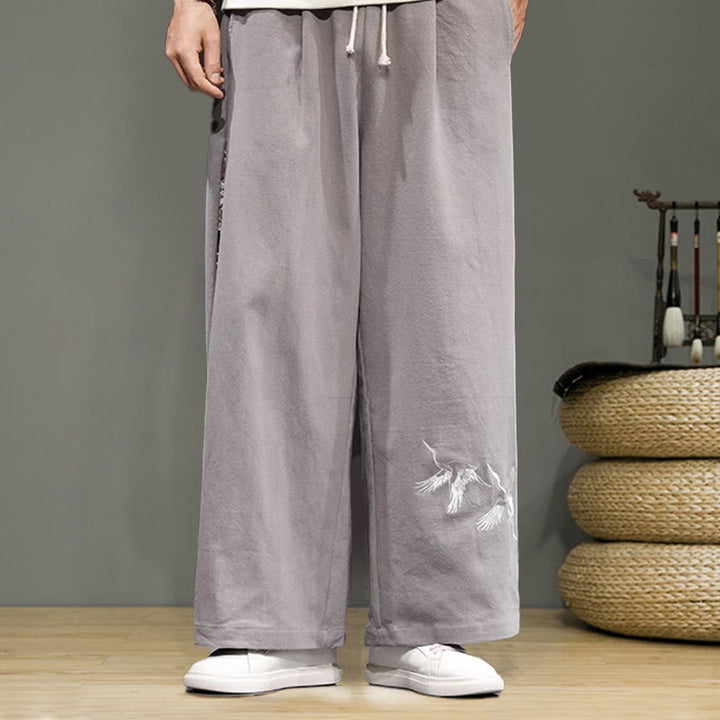 Buddha Stones Kranich Stickerei Kordelzug Herren Baumwolle Leinen Weite Beinhose mit Taschen - image 27