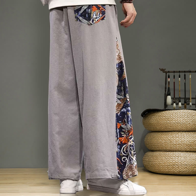 Buddha Stones Kranich Stickerei Kordelzug Herren Baumwolle Leinen Weite Beinhose mit Taschen - image 25
