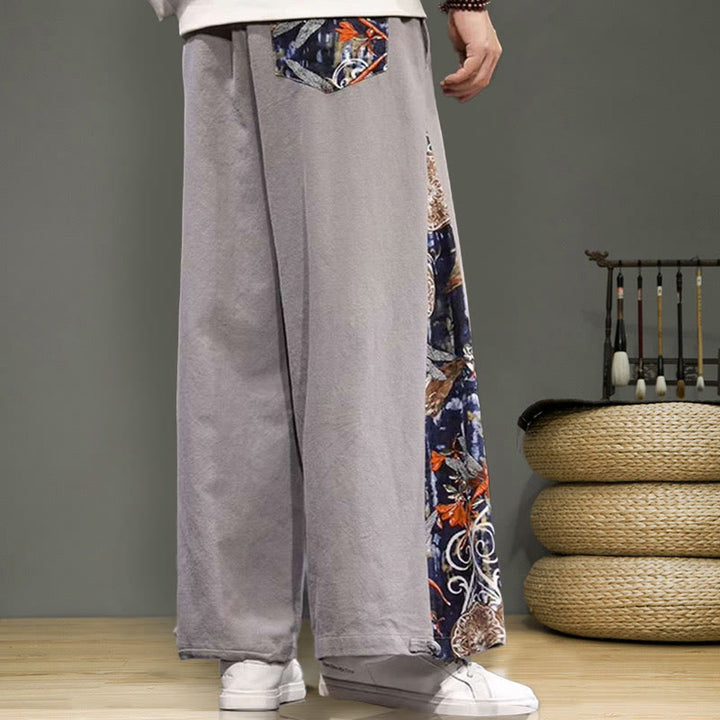 Buddha Stones Kranich Stickerei Kordelzug Herren Baumwolle Leinen Weite Beinhose mit Taschen - image 25