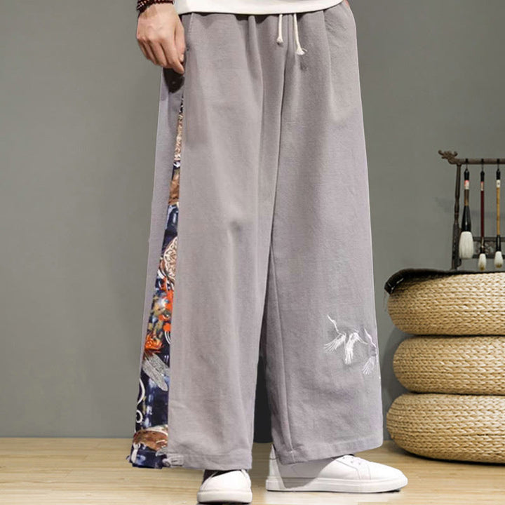 Buddha Stones Kranich Stickerei Kordelzug Herren Baumwolle Leinen Weite Beinhose mit Taschen - image 23