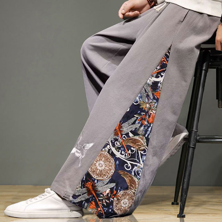 Buddha Stones Kranich Stickerei Kordelzug Herren Baumwolle Leinen Weite Beinhose mit Taschen - image 30