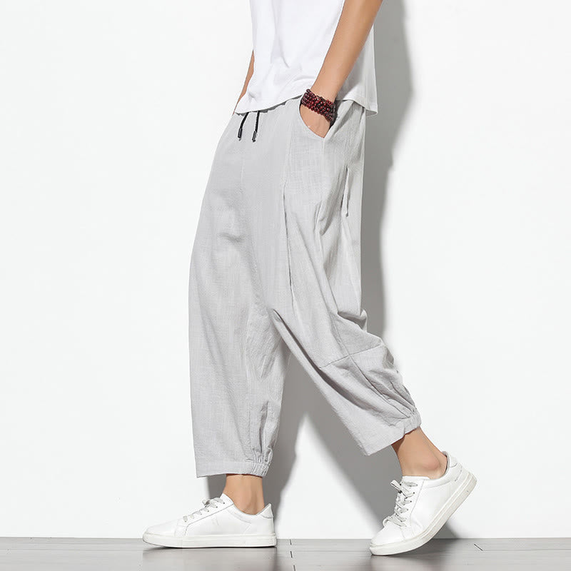 Buddha Stones Sommer Herren 7-8 Länge Baumwolle Leinen Karottenhose mit Taschen - Hellgrau - US/ UK/AU46, EU56 (5XL) - image 3