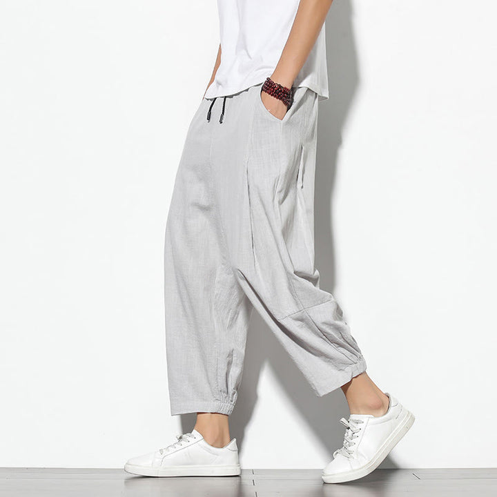 Buddha Stones Sommer Herren 7-8 Länge Baumwolle Leinen Karottenhose mit Taschen - Hellgrau - US/ UK/AU46, EU56 (5XL) - image 3