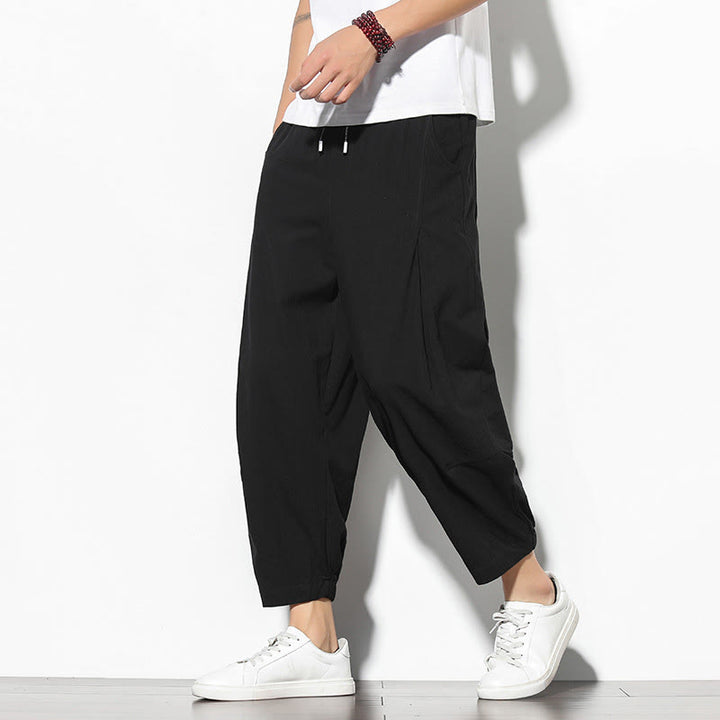 Buddha Stones Sommer Herren 7-8 Länge Baumwolle Leinen Karottenhose mit Taschen - Schwarz - US/ UK/AU46, EU56 (5XL) - image 13