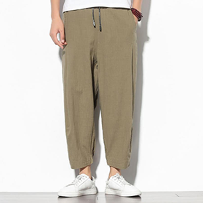 Buddha Stones Sommer Herren 7-8 Länge Baumwolle Leinen Karottenhose mit Taschen - image 1