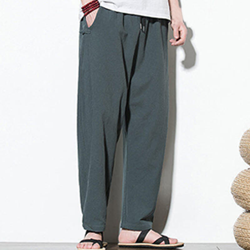 Buddha Stones Sommer-Herrenhose aus Baumwollleinen mit seitlichem Froschknopf-Design und Taschen - image 3