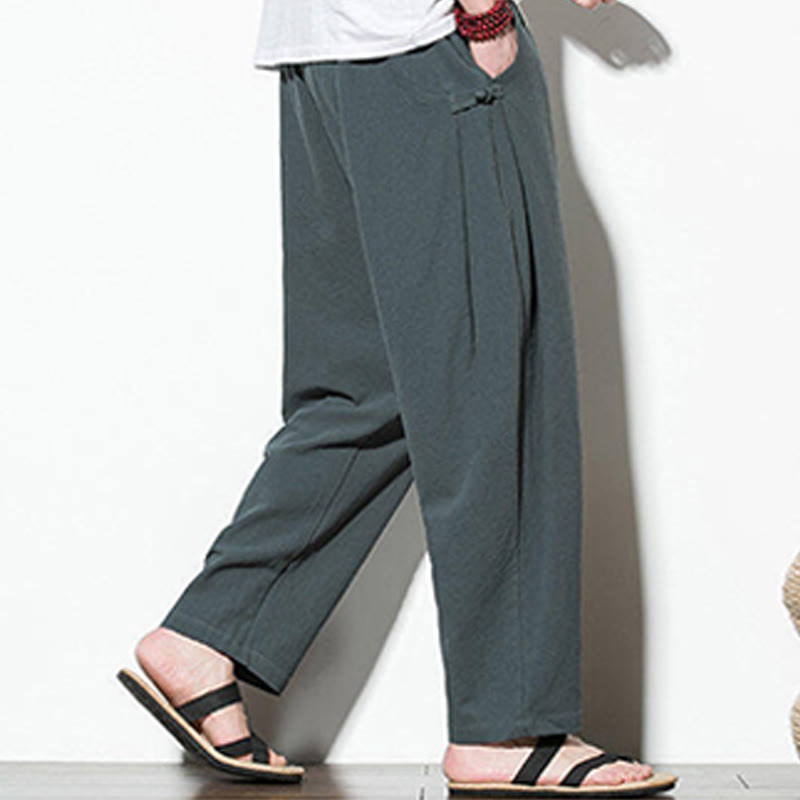 Buddha Stones Sommer-Herrenhose aus Baumwollleinen mit seitlichem Froschknopf-Design und Taschen - image 4