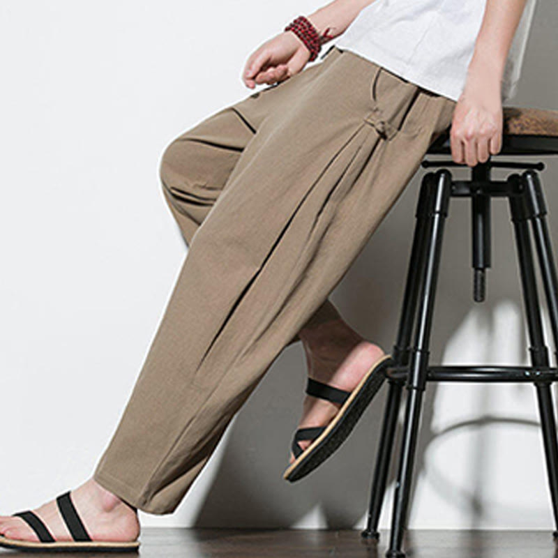 Buddha Stones Sommer-Herrenhose aus Baumwollleinen mit seitlichem Froschknopf-Design und Taschen - image 17