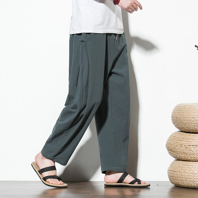 Buddha Stones Sommer-Herrenhose aus Baumwollleinen mit seitlichem Froschknopf-Design und Taschen - image 2