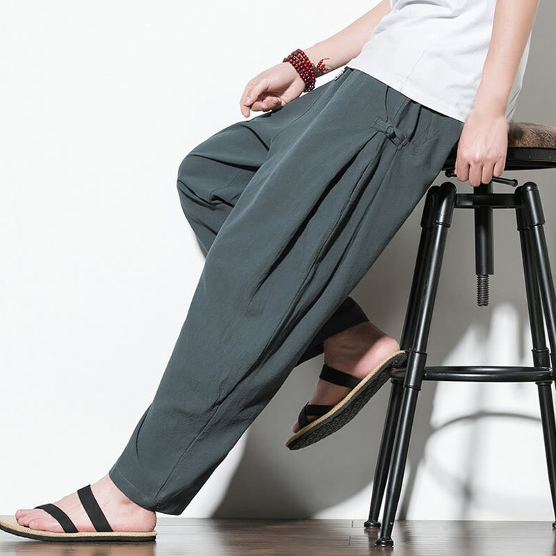 Buddha Stones Sommer-Herrenhose aus Baumwollleinen mit seitlichem Froschknopf-Design und Taschen - image 9