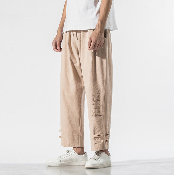 Buddha Stones Sommer Chinesische Schriftzeichen Stickerei Herren Baumwolle Leinen Hose mit Taschen - Weizen - US/ UK/AU46，EU56 (5XL) - image 10