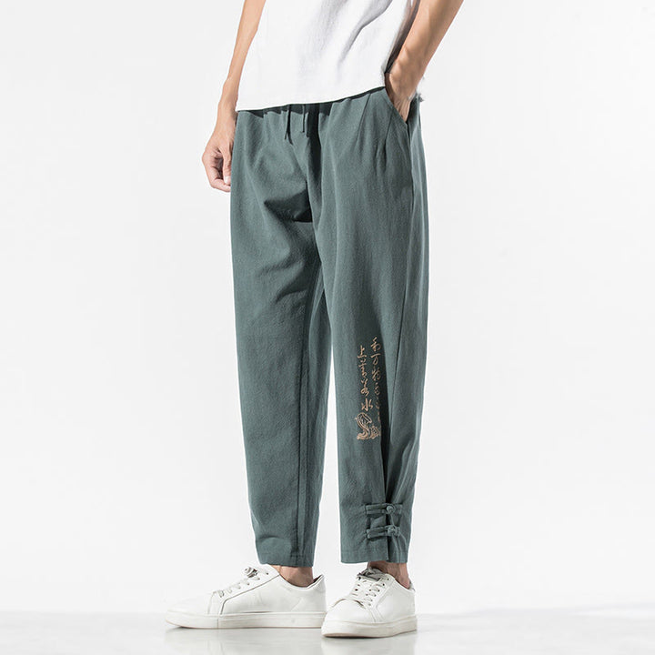 Buddha Stones Sommer Chinesische Schriftzeichen Stickerei Herren Baumwolle Leinen Hose mit Taschen - Kadettenblau - US/ UK/AU46, EU56 (5XL) - image 20