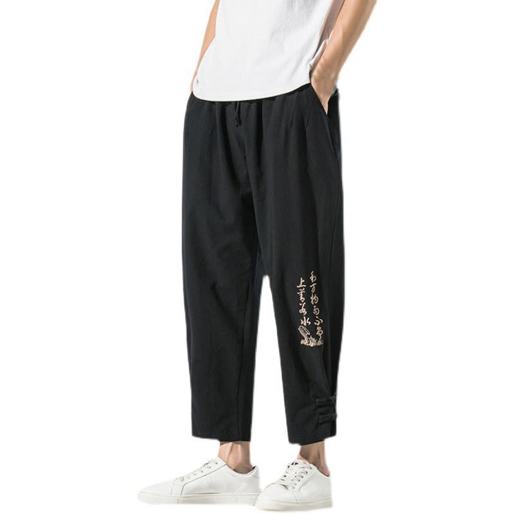 Buddha Stones Sommer Chinesische Schriftzeichen Stickerei Herren Baumwolle Leinen Hose mit Taschen - image 19