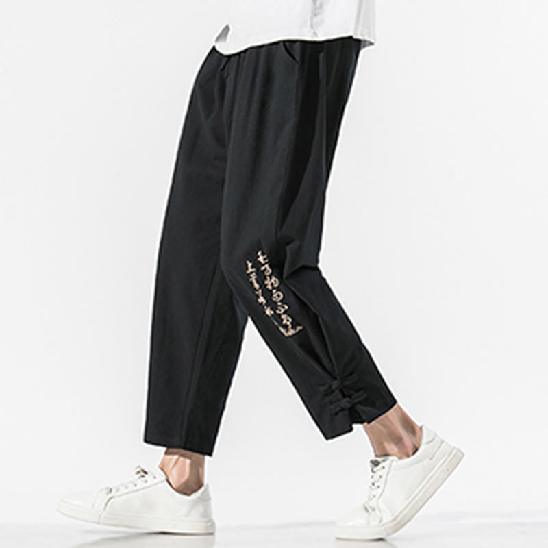 Buddha Stones Sommer Chinesische Schriftzeichen Stickerei Herren Baumwolle Leinen Hose mit Taschen - Schwarz - US/ UK/AU46, EU56 (5XL) - image 0