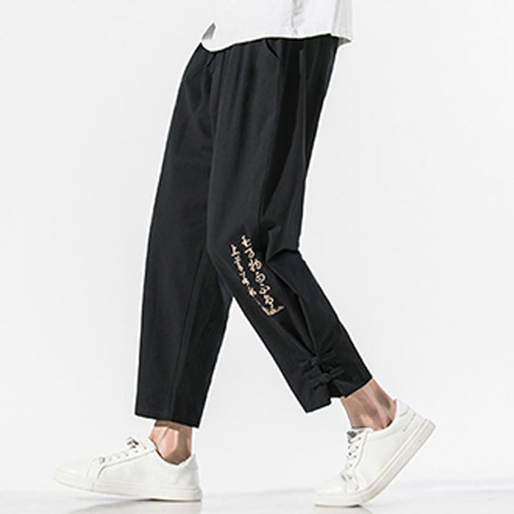 Buddha Stones Sommer Chinesische Schriftzeichen Stickerei Herren Baumwolle Leinen Hose mit Taschen - Schwarz - US/ UK/AU46, EU56 (5XL) - image 0
