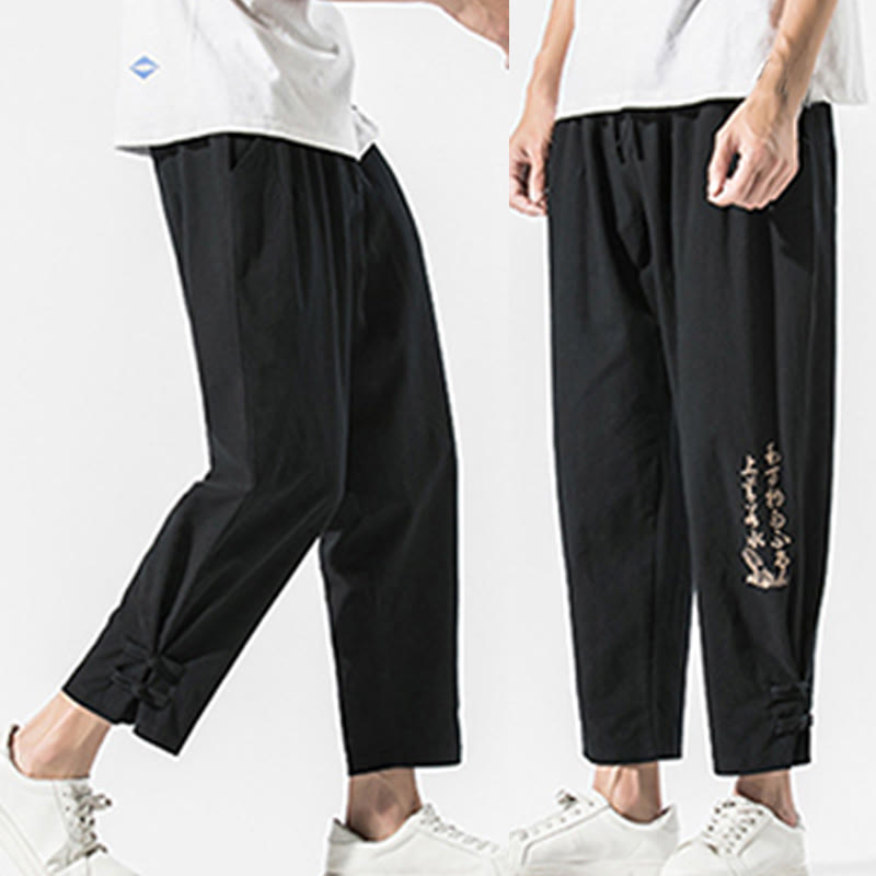 Buddha Stones Sommer Chinesische Schriftzeichen Stickerei Herren Baumwolle Leinen Hose mit Taschen - image 9