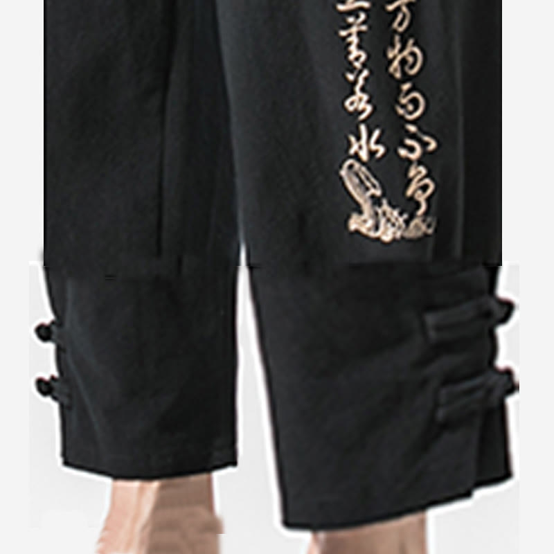 Buddha Stones Sommer Chinesische Schriftzeichen Stickerei Herren Baumwolle Leinen Hose mit Taschen - image 7