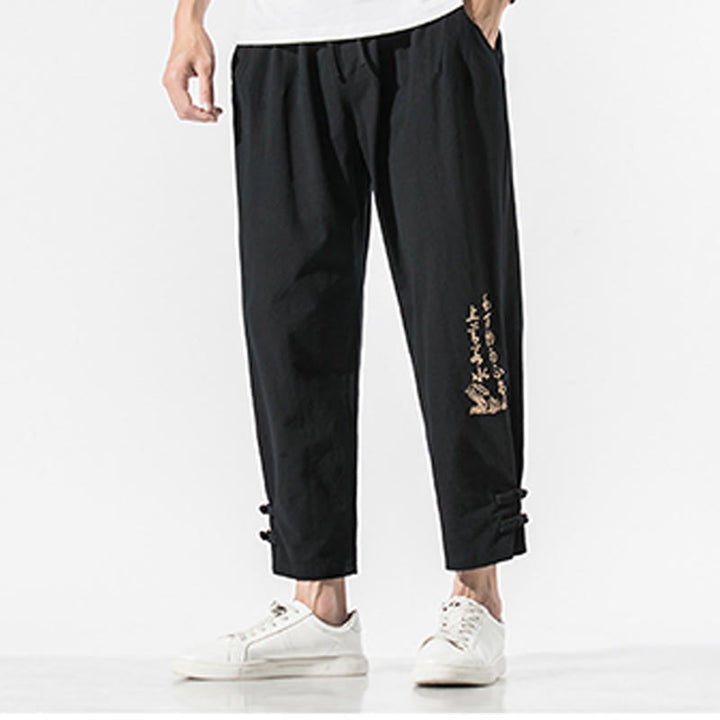 Buddha Stones Sommer Chinesische Schriftzeichen Stickerei Herren Baumwolle Leinen Hose mit Taschen - image 5