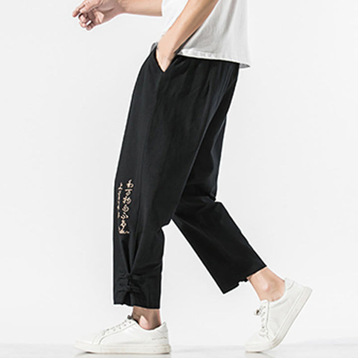 Buddha Stones Sommer Chinesische Schriftzeichen Stickerei Herren Baumwolle Leinen Hose mit Taschen - image 5