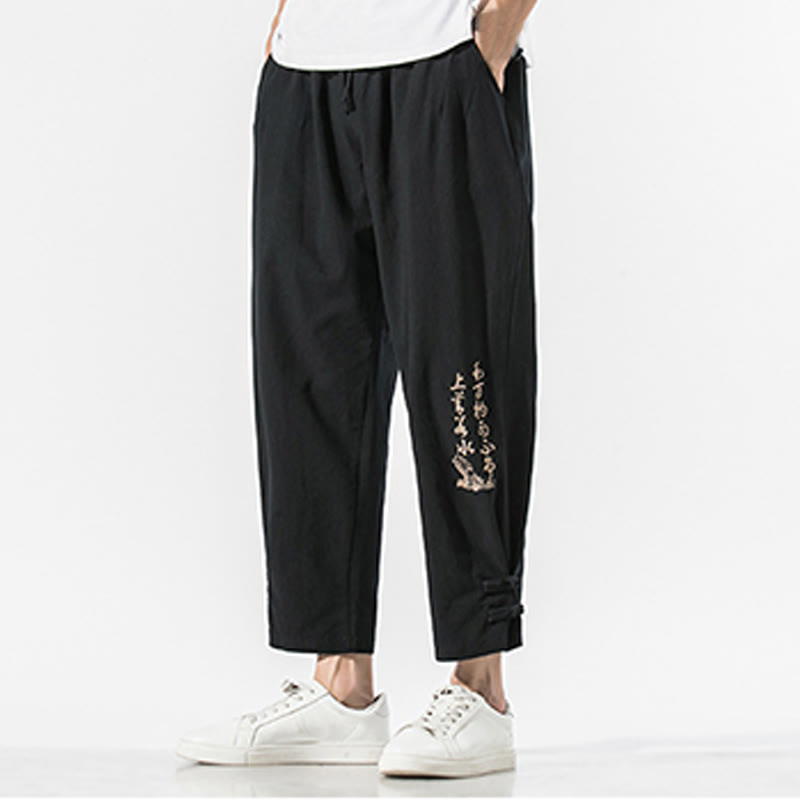 Buddha Stones Sommer Chinesische Schriftzeichen Stickerei Herren Baumwolle Leinen Hose mit Taschen - image 2
