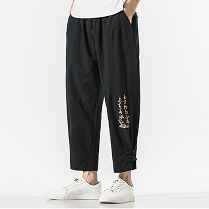 Buddha Stones Sommer Chinesische Schriftzeichen Stickerei Herren Baumwolle Leinen Hose mit Taschen - image 2