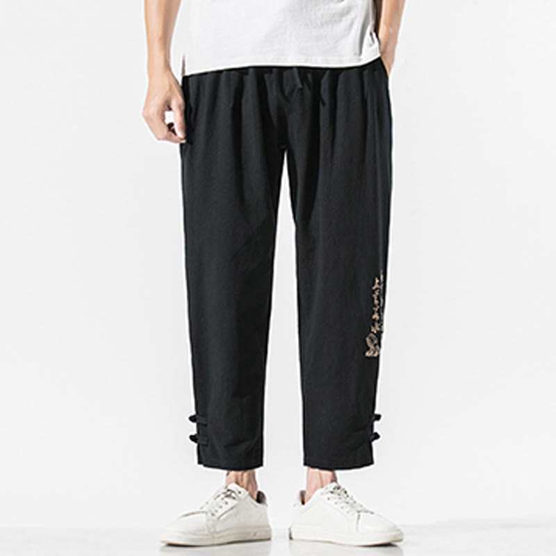Buddha Stones Sommer Chinesische Schriftzeichen Stickerei Herren Baumwolle Leinen Hose mit Taschen - image 3