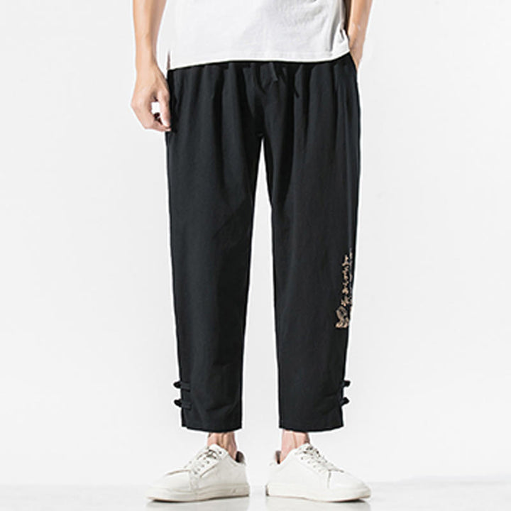 Buddha Stones Sommer Chinesische Schriftzeichen Stickerei Herren Baumwolle Leinen Hose mit Taschen - image 3