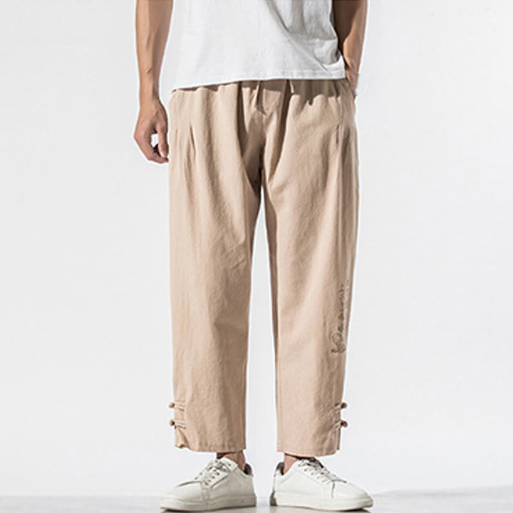 Buddha Stones Sommer Chinesische Schriftzeichen Stickerei Herren Baumwolle Leinen Hose mit Taschen - image 13