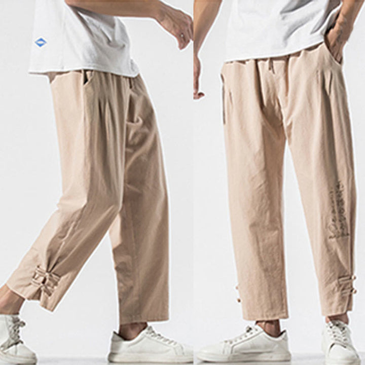 Buddha Stones Sommer Chinesische Schriftzeichen Stickerei Herren Baumwolle Leinen Hose mit Taschen - image 18