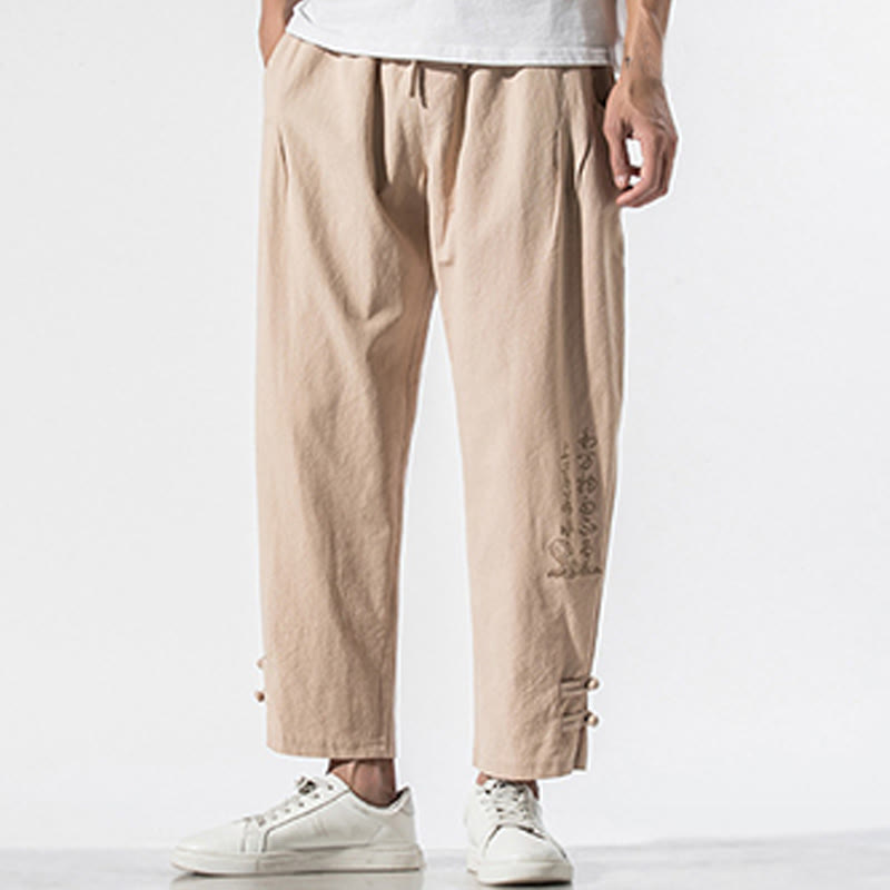 Buddha Stones Sommer Chinesische Schriftzeichen Stickerei Herren Baumwolle Leinen Hose mit Taschen - image 13