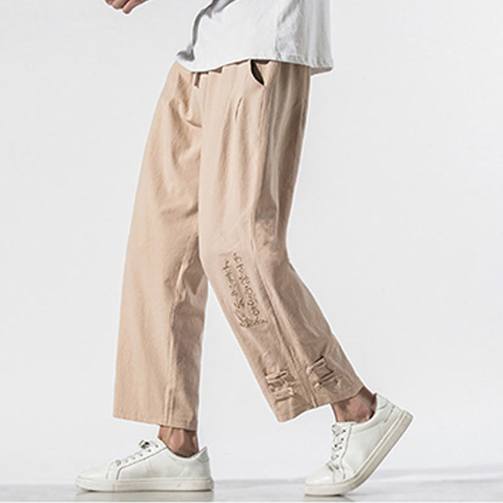 Buddha Stones Sommer Chinesische Schriftzeichen Stickerei Herren Baumwolle Leinen Hose mit Taschen - image 11