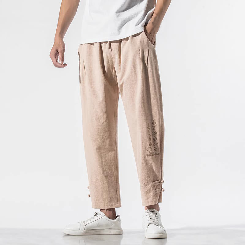 Buddha Stones Sommer Chinesische Schriftzeichen Stickerei Herren Baumwolle Leinen Hose mit Taschen - image 17