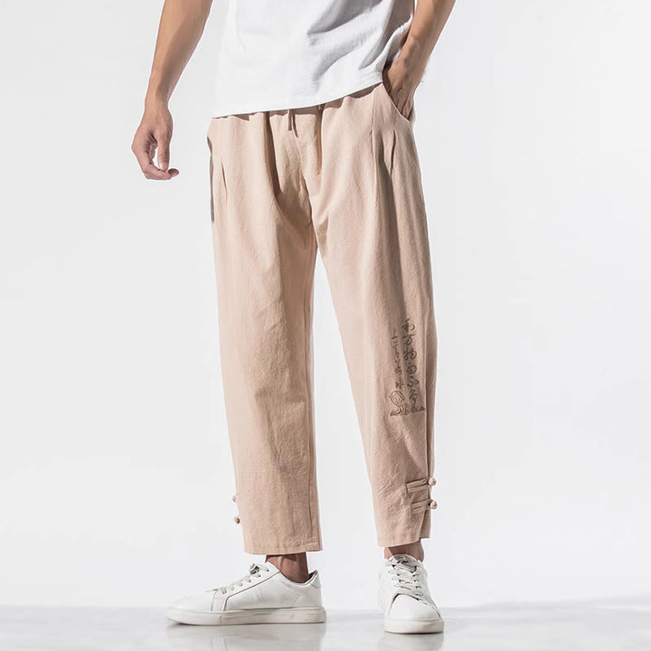 Buddha Stones Sommer Chinesische Schriftzeichen Stickerei Herren Baumwolle Leinen Hose mit Taschen - image 17