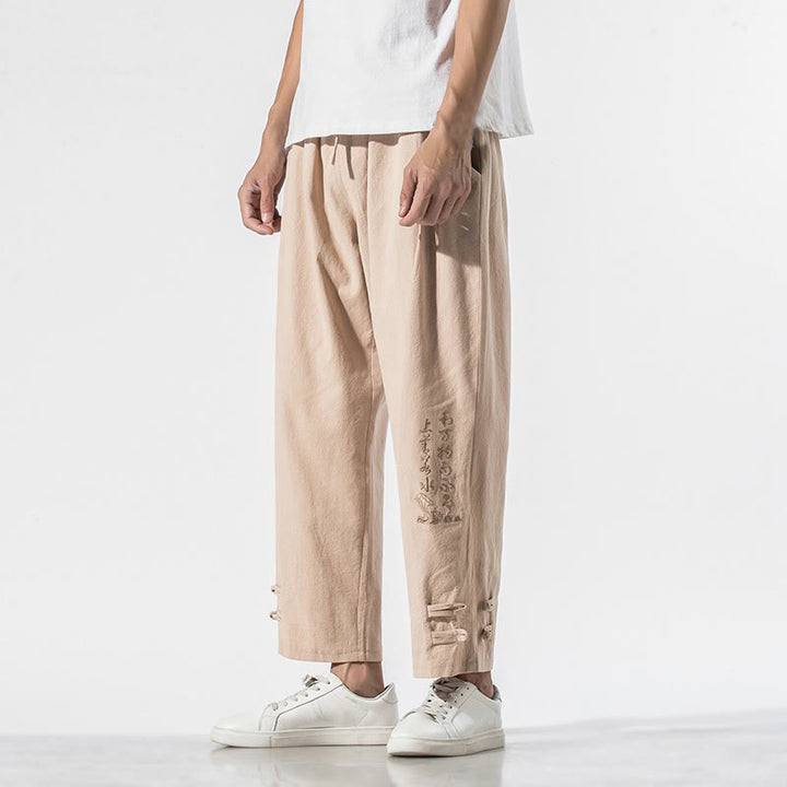 Buddha Stones Sommer Chinesische Schriftzeichen Stickerei Herren Baumwolle Leinen Hose mit Taschen - image 19