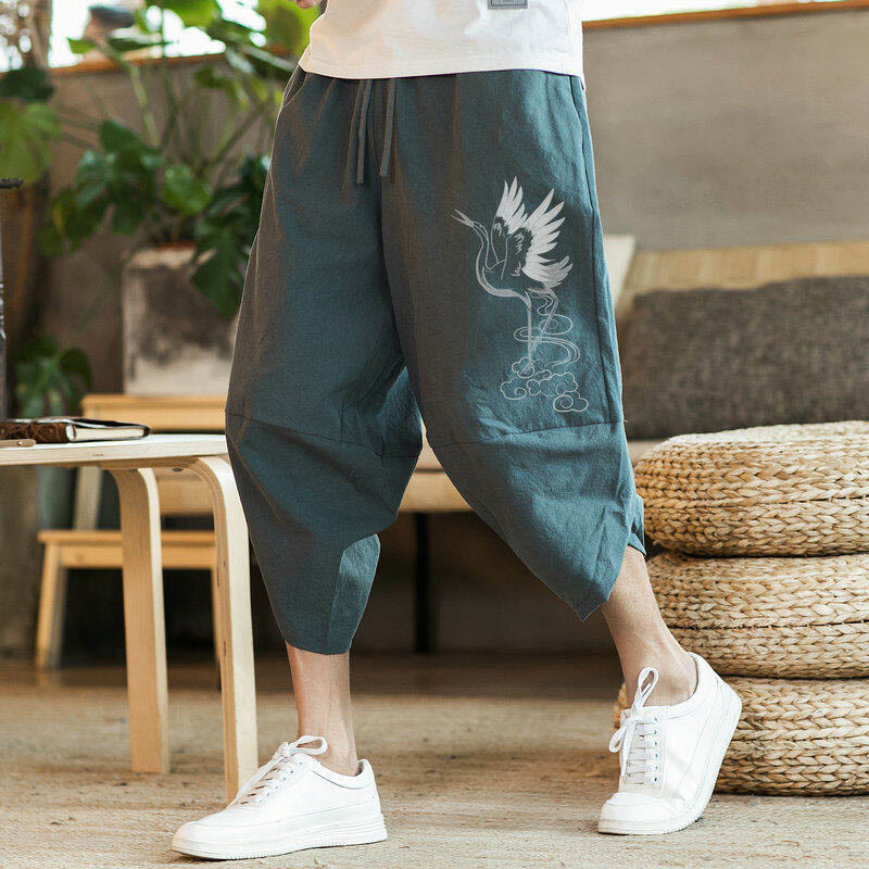 Buddha Stones White Crane Clouds Stickerei Baumwolle Leinen Herren 7-8 Länge Haremshose mit Taschen - CadetBlue - US/ UK/AU46，EU56 (5XL) - image 8
