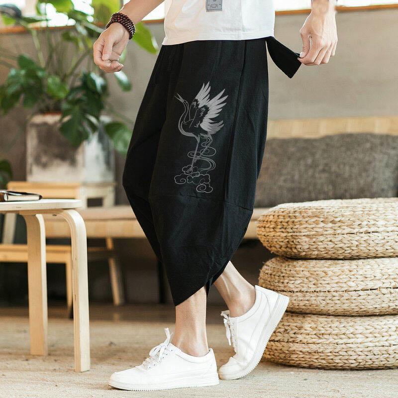 Buddha Stones White Crane Clouds Stickerei Baumwolle Leinen Herren 7-8 Länge Haremshose mit Taschen - image 2