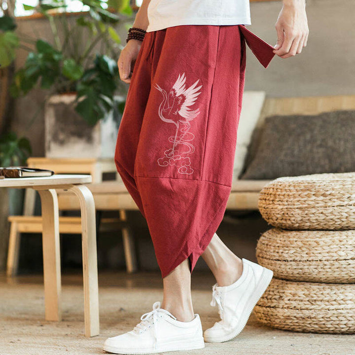 Buddha Stones White Crane Clouds Stickerei Baumwolle Leinen Herren 7-8 Länge Haremshose mit Taschen - Rot - US/ UK/AU46，EU56 (5XL) - image 5