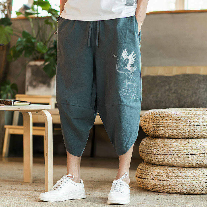 Buddha Stones White Crane Clouds Stickerei Baumwolle Leinen Herren 7-8 Länge Haremshose mit Taschen - image 9