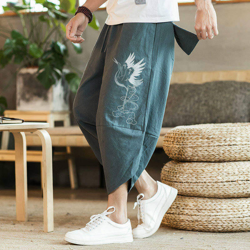 Buddha Stones White Crane Clouds Stickerei Baumwolle Leinen Herren 7-8 Länge Haremshose mit Taschen - image 12