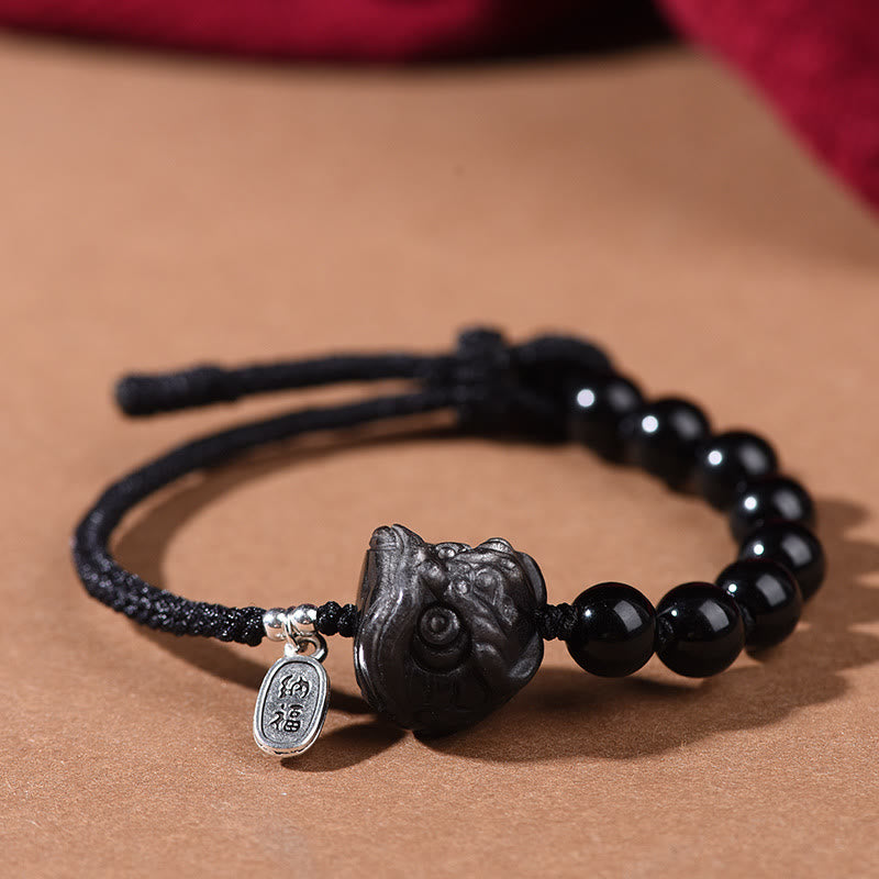 Buddha Stones Schwarzer Obsidian Silberglanz Obsidian Süße Katze Tanzender Löwe Stärke Armband - Tanzender Löwe (Handgelenkumfang 14–16 cm) - image 7