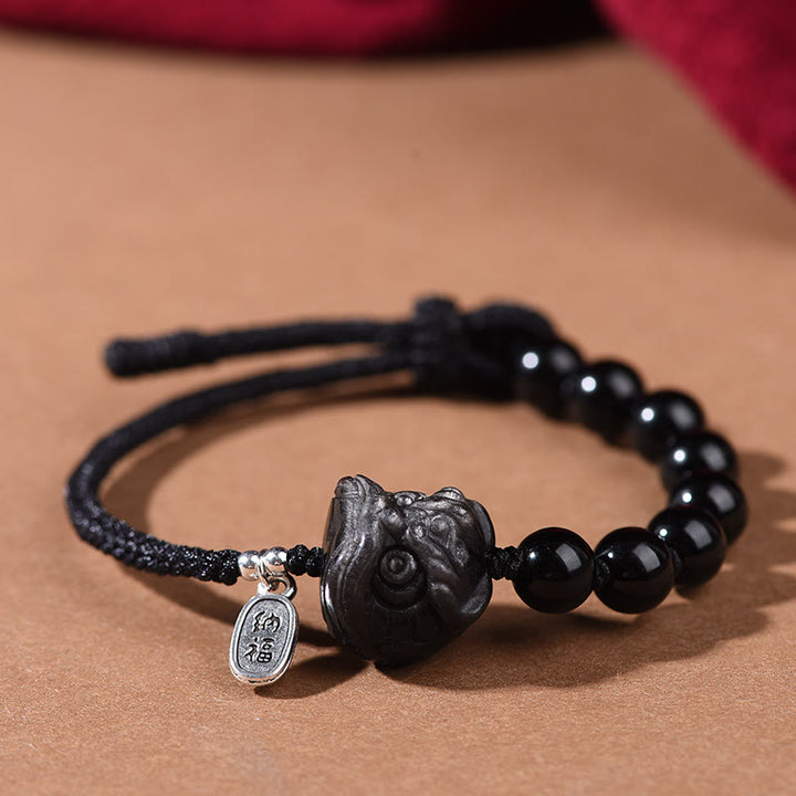 Buddha Stones Schwarzer Obsidian Silberglanz Obsidian Süße Katze Tanzender Löwe Stärke Armband - Tanzender Löwe (Handgelenkumfang 14–16 cm) - image 7
