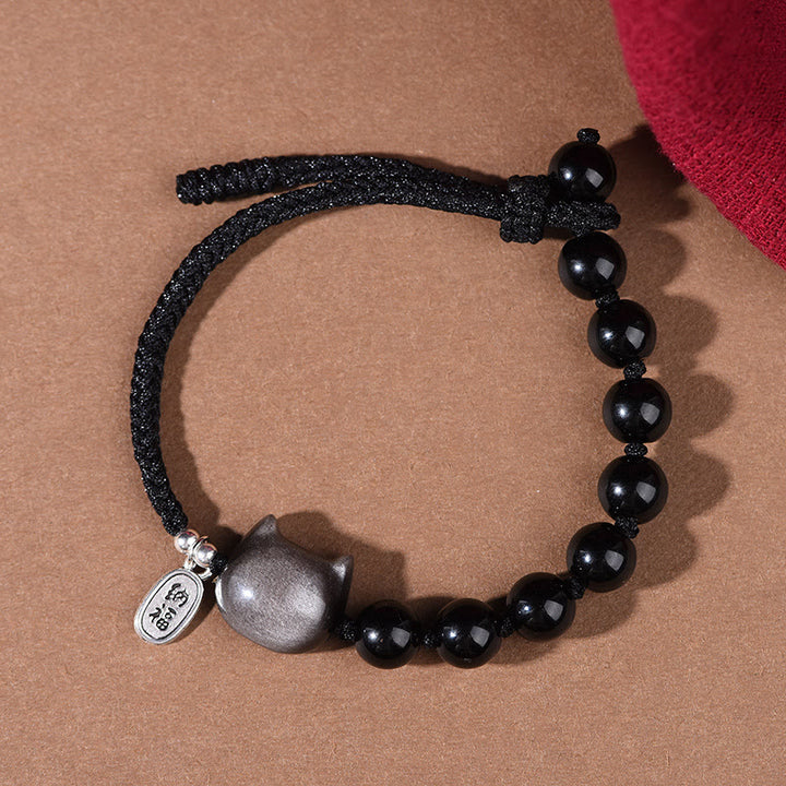 Buddha Stones Schwarzer Obsidian Silberglanz Obsidian Süße Katze Tanzender Löwe Stärke Armband - image 3