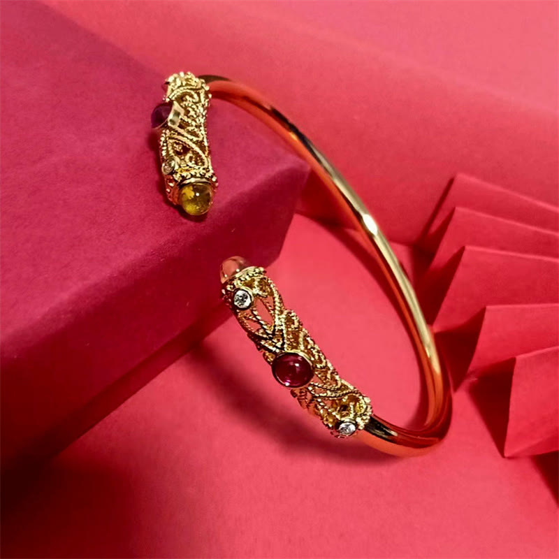 Buddha Stones Goldene Blume Muster Rot Zirkon Bernstein Kupfer Glück Manschette Armband Armreif - image 8