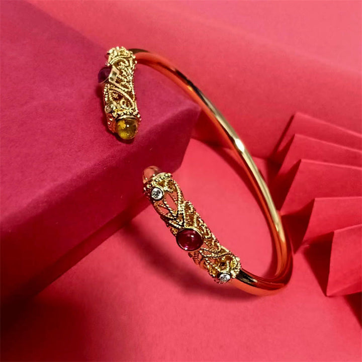 Buddha Stones Goldene Blume Muster Rot Zirkon Bernstein Kupfer Glück Manschette Armband Armreif - image 8