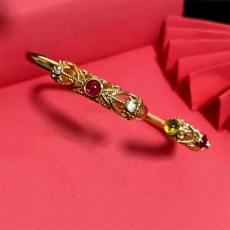 Buddha Stones Goldene Blume Muster Rot Zirkon Bernstein Kupfer Glück Manschette Armband Armreif - image 9