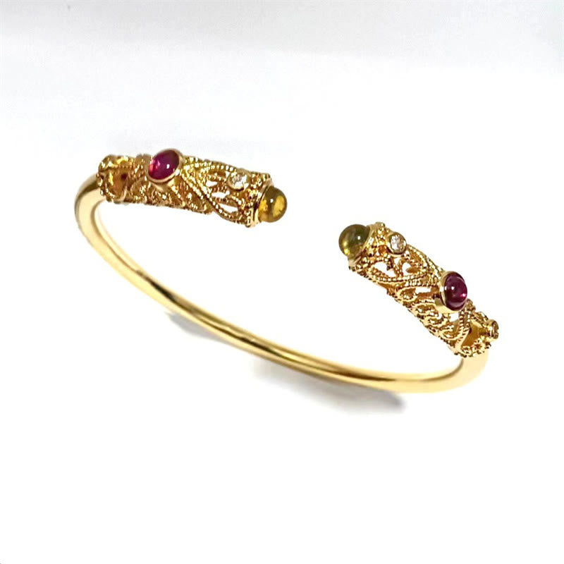 Buddha Stones Goldene Blume Muster Rot Zirkon Bernstein Kupfer Glück Manschette Armband Armreif - image 11
