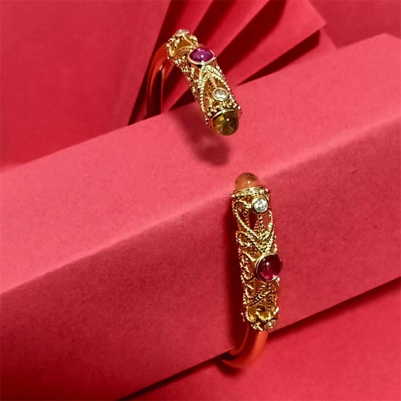 Buddha Stones Goldene Blume Muster Rot Zirkon Bernstein Kupfer Glück Manschette Armband Armreif - image 10