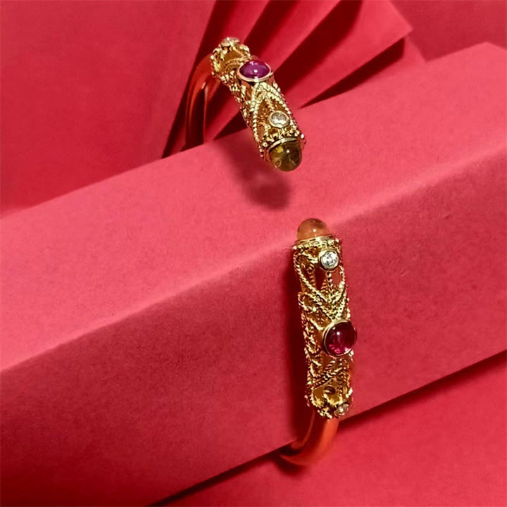Buddha Stones Goldene Blume Muster Rot Zirkon Bernstein Kupfer Glück Manschette Armband Armreif - image 10