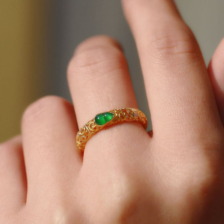 Buddha Stones Vintage Kürbis Grün Chalcedon Kupferlegierung Reichtum Ring - image 13
