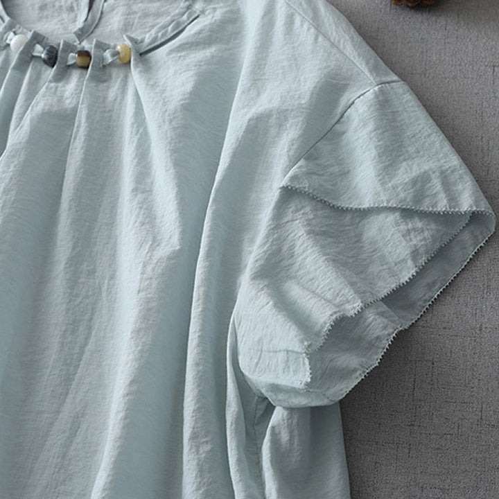 Buddha Stones Beads Rundhals-Design Baumwolle Kurzarm Damen Shirt - image 4